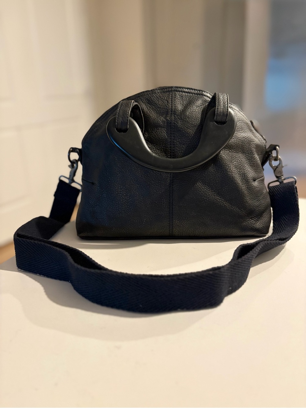 We The Free People Black Leather Mini Willow Tote Crossbody Bag  Wooden Handles